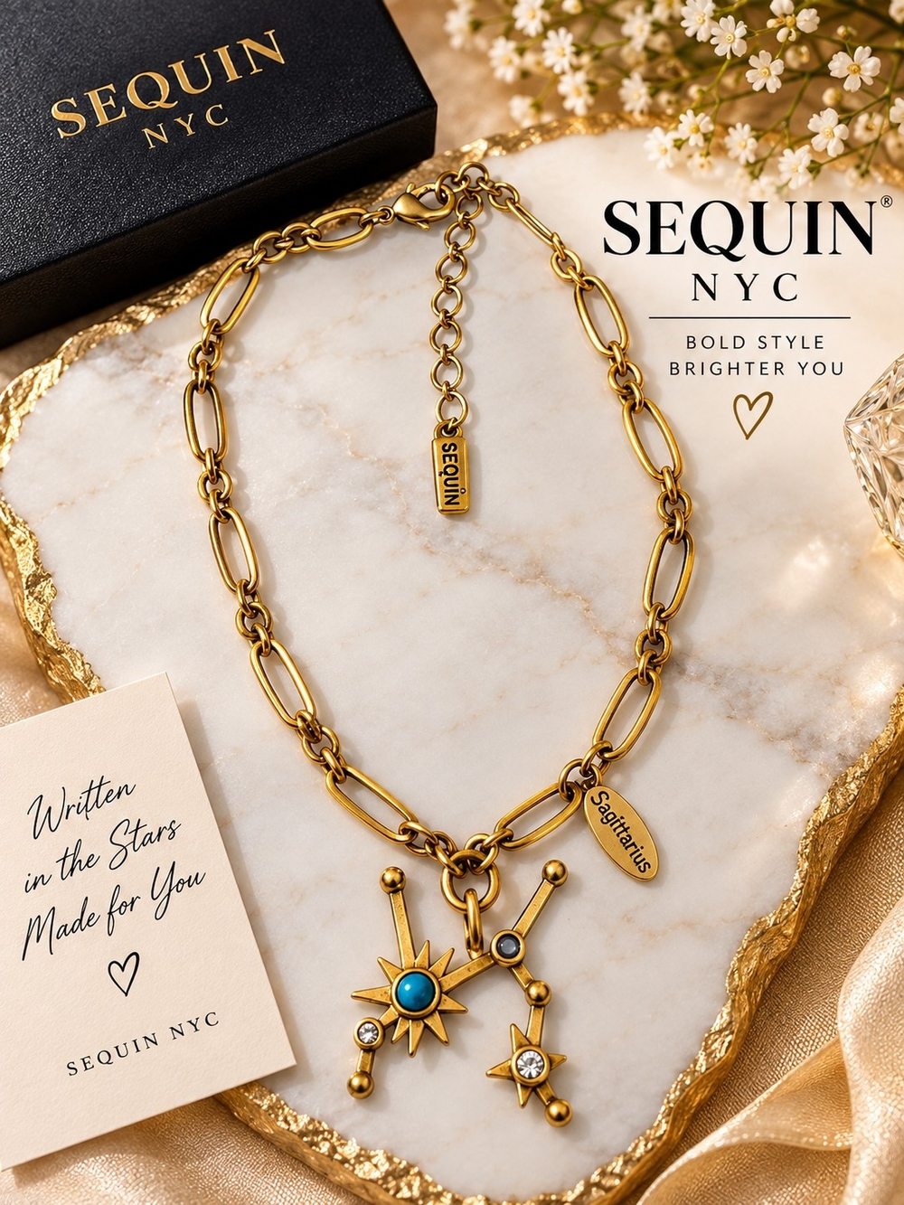 Gold Sagittarius Pendant Necklace with Turquoise Accent
